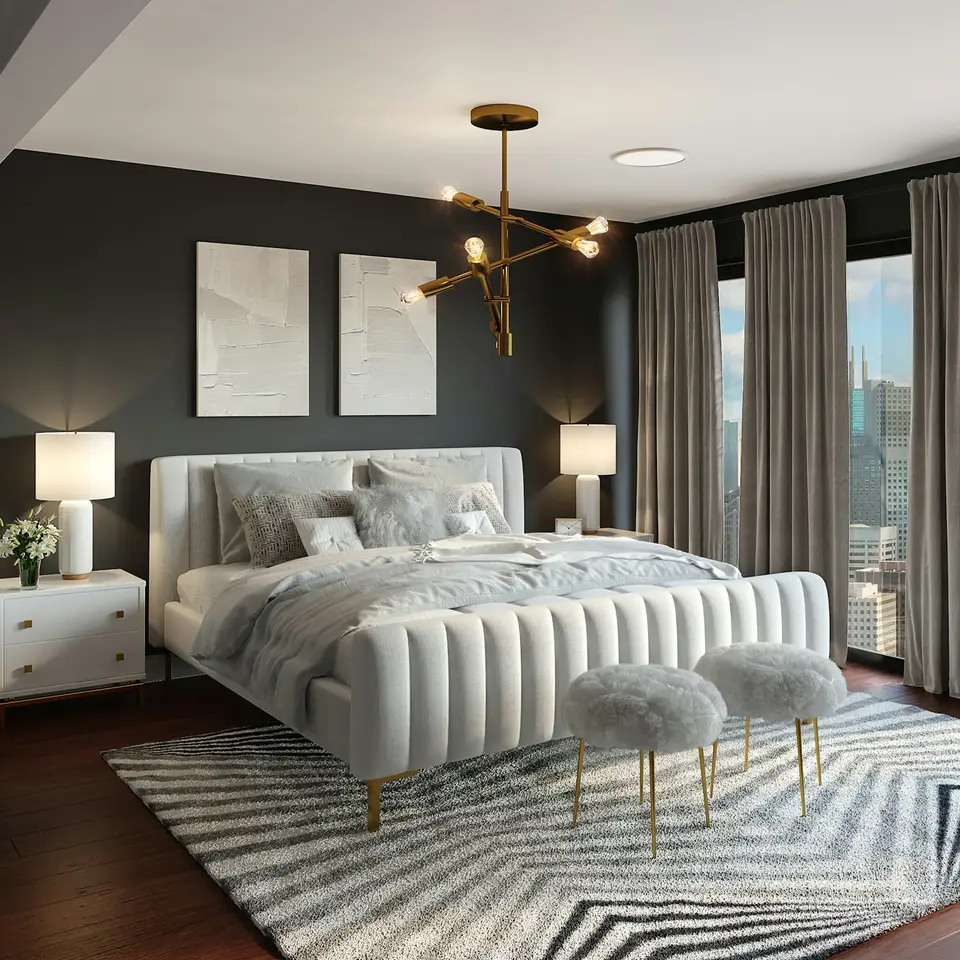 Hotel-quality bedroom staged for short-term rental guests