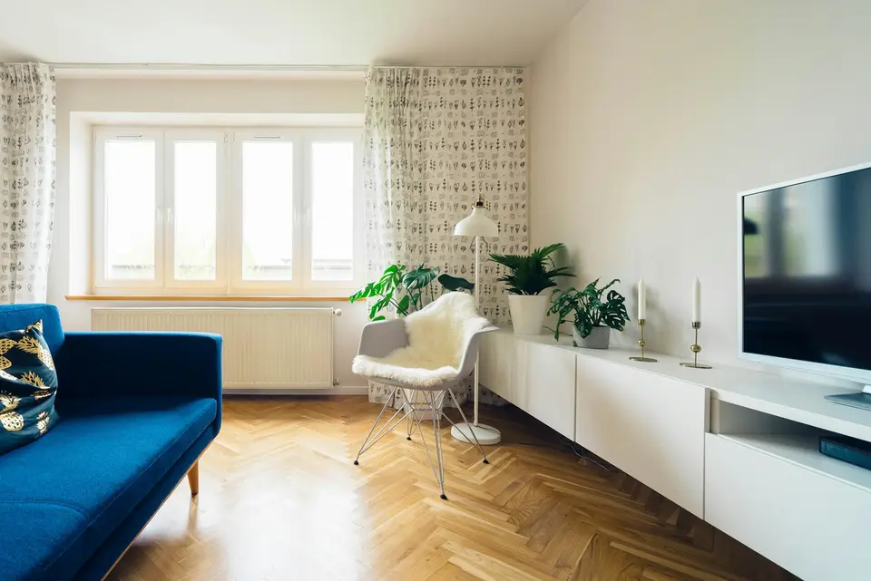 Bright, freshly cleaned living room with sunlight streaming in