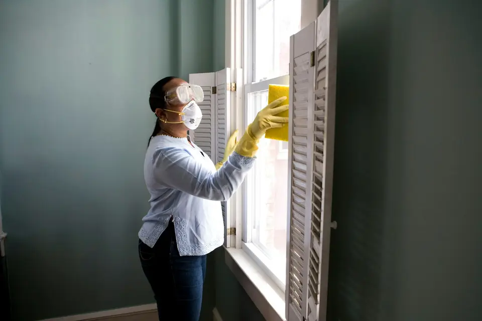 LemonMaid cleaner in yellow gloves detailing window shutters